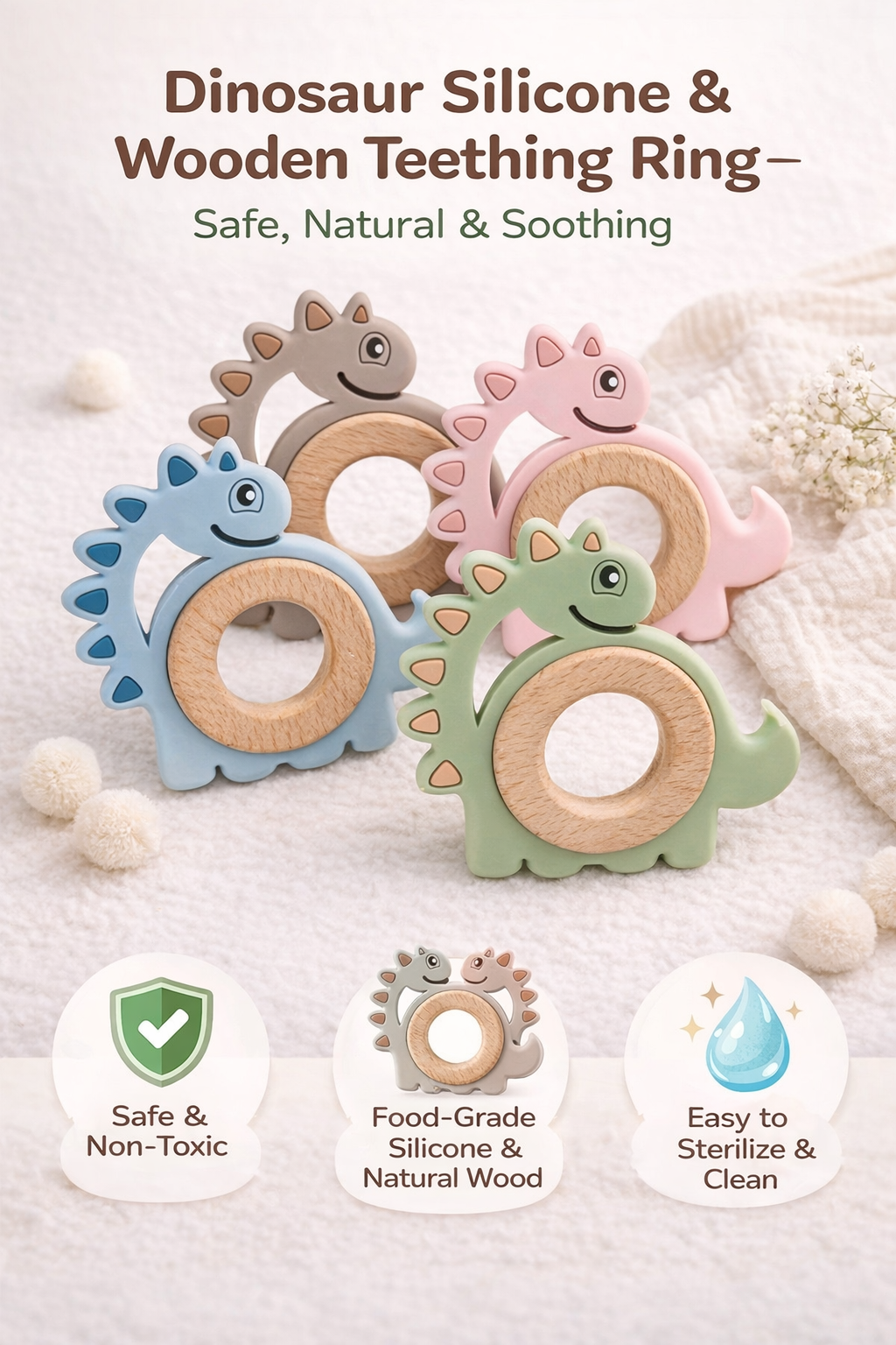Dinosaur & Wooden  – Silicone Teething Ring